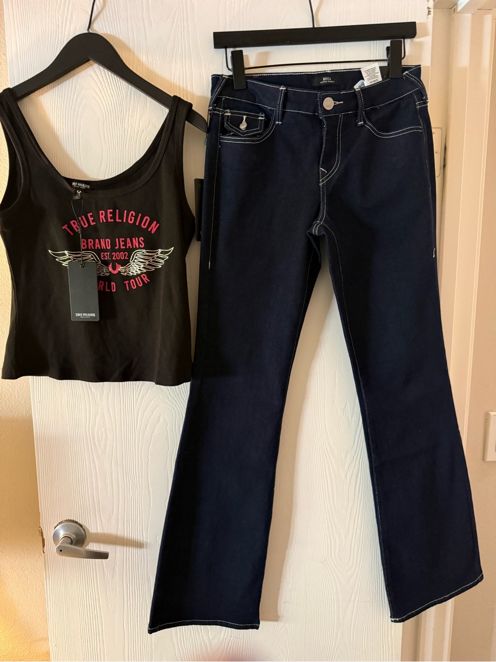 True Religion Black Tank with Pink & Gold Logo and Dark Indigo Jeans